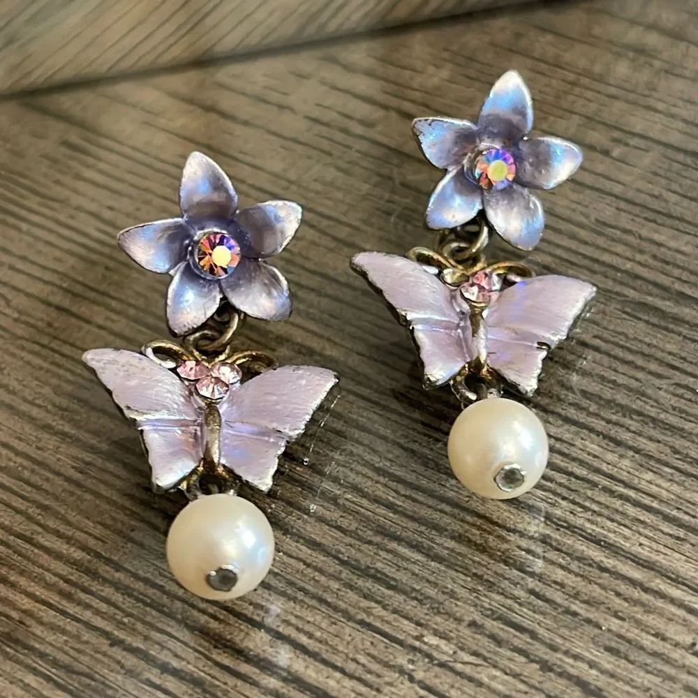 Vintage Pastel Floral and Butterfly Earrings, Dangle